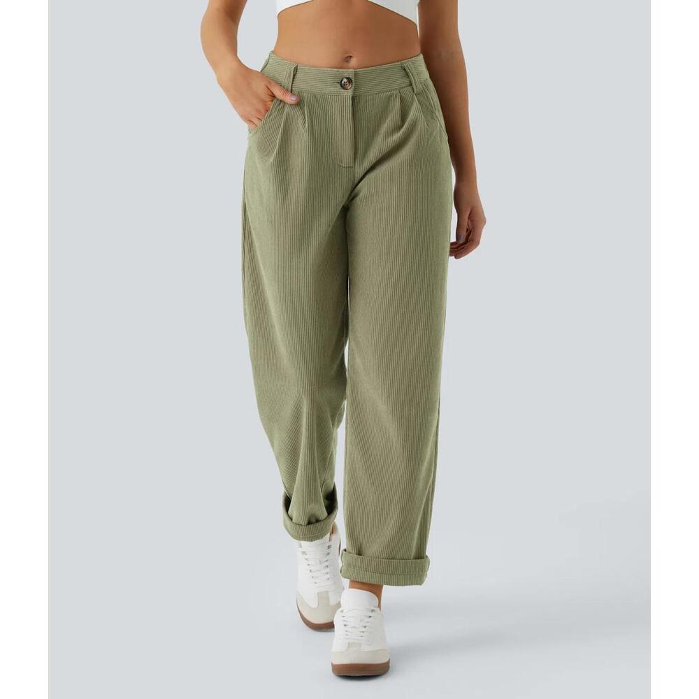 NWT Halara Mid Rise Zipper Pocket Corduroy Casual Pants Fresh Grass Green Size M